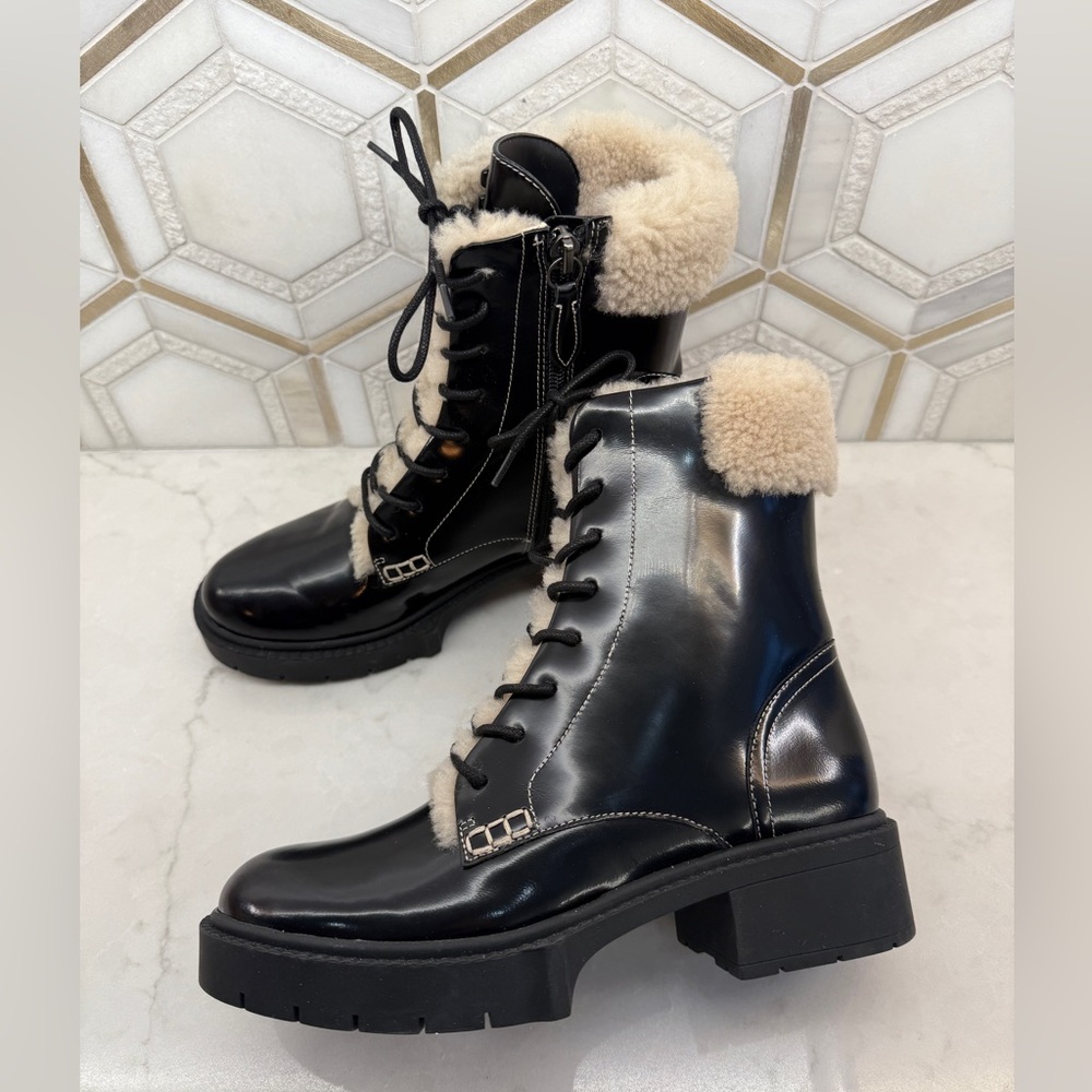 COACH LEIGHTON BLACK PATENT COMBAT BOOTS SHEARLING 5.5